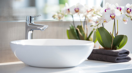 Contemporary Living: Redefine interior design with a sleek bathroom featuring modern faucet and white ceramic washbasinの素材