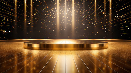 Performance Ready: Get the stage set with glittering lights and a golden floor. It's the perfect backdrop for your product display.の素材