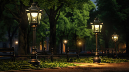 Park Illumination: These elegant lamp posts in green public spaces create a historic and tranquil ambiance. Perfect for enhancing the beauty of city parks and walkwaysの素材