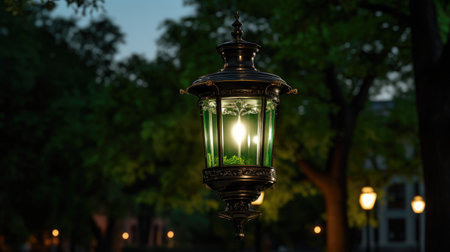 Park Illumination: These elegant lamp posts in green public spaces create a historic and tranquil ambiance. Perfect for enhancing the beauty of city parks and walkwaysの素材