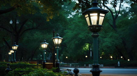 Park Illumination: These elegant lamp posts in green public spaces create a historic and tranquil ambiance. Perfect for enhancing the beauty of city parks and walkwaysの素材