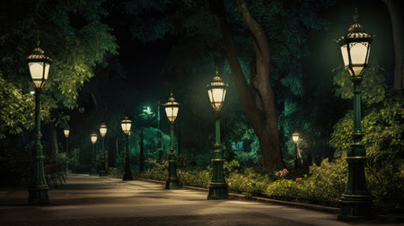 Park Illumination: These elegant lamp posts in green public spaces create a historic and tranquil ambiance. Perfect for enhancing the beauty of city parks and walkwaysの素材