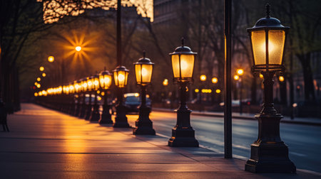 City Twilight Magic: A decorative magic lamp emits a warm yellow light, adding a touch of enchantment to the city twilight. Ample copy space for your textの素材