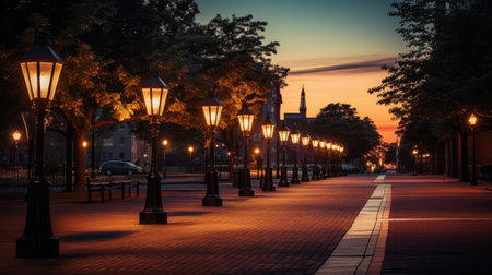 City Twilight Magic: A decorative magic lamp emits a warm yellow light, adding a touch of enchantment to the city twilight. Ample copy space for your textの素材