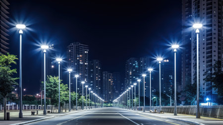 City of Lights: A modern street LED lighting pole illuminates the urban nightscape, blending eco-energy technologies with the vibrant city.の素材