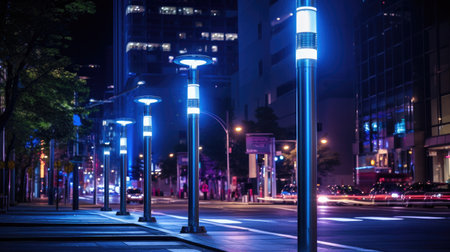 City of Lights: A modern street LED lighting pole illuminates the urban nightscape, blending eco-energy technologies with the vibrant city.の素材