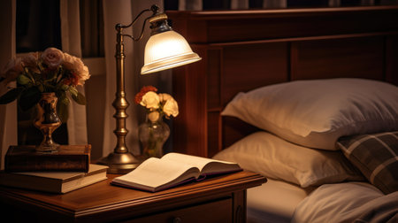 Cozy Retreat: An inviting bedroom setting with a stylish lamp, a book, and glasses on the nightstand. Design your ideal reading corner for relaxation and leisureの素材