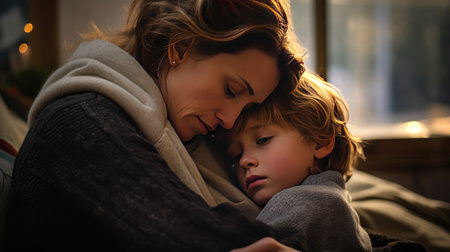 Comforting Hug - A sad young boy embraces his mom at home, creating a heartwarming family scene.の素材