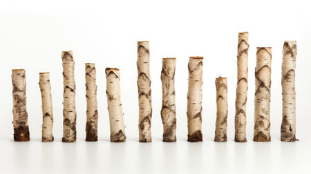 stock images of a set of natural birch trunks isolated on a clean white background, capturing the beauty and organic appeal of these rustic elementsの素材