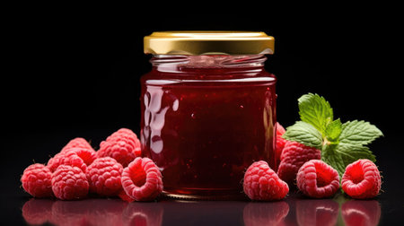 images of a tantalizing of raspberry jam, isolated on a clean black background. Perfect for food and dessertsの素材