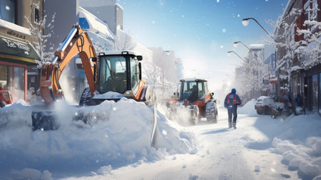 the dedication of city service workers cleaning snow with shovels in the winter sunlight. Perfect for municipal and urban maintenance promotionsの素材