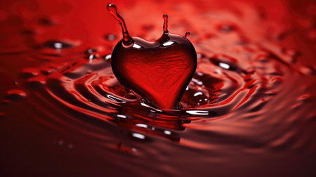 Liquid Passion: Create artistic images of a red heart droplet falling into water, expressing passion and romance through fluid symbolismの写真素材