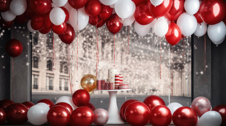Joyful Celebration: an image with a backdrop of red and white balloons, capturing the essence of a festive eventの写真素材