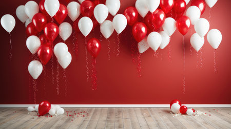 Celebrate with Elegance: vibrant energy of red and white balloons on a pure white canvas, perfect for enhancing the festive spirit in your design projects and stock photography.の素材