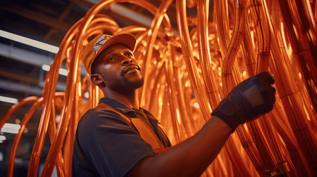 Expert African American engineer in a coolant factory, choosing copper tubing with care, symbolizing skilled hands-on workの素材