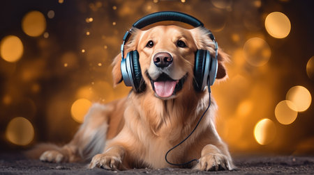 A cute golden retriever wears headphones, enjoying music with an adorable pet vibeの素材