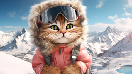 Follow an adorable winter cartoon cat traveler as it explores the majestic mountains, dressed in cozy ski suits, ready for an exciting adventure.の素材