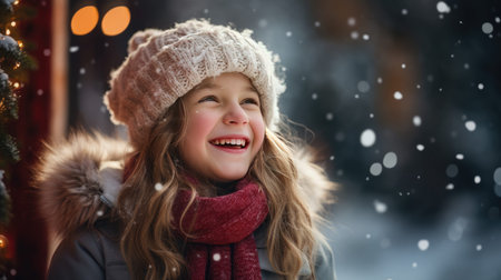 essence of the holiday season with an image of a joyful girl in cozy winter attire, Convey the warmth of Christmas in the chilly air, a true X-mas delight.の素材