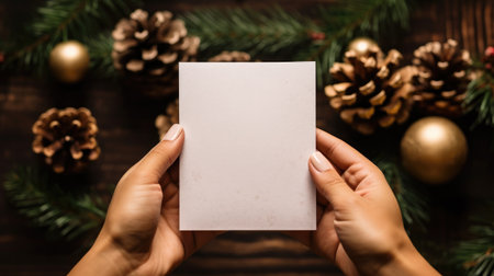 A hand holds an empty greeting card against the backdrop of Christmas paper stars, a wooden tree, pine branches, and rustic wood.の素材