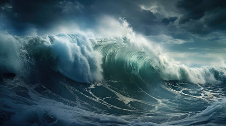 Experience the fury of a turbulent sea in a breathtaking image of stormy weather, where the ocean's might and the roaring waves take center stageの素材