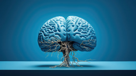 Delve into the fascinating world of neuroscience and cognition with scientific images featuring the intricate details of the human brain against a calming blue backdropの素材