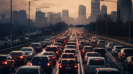 Navigating Urban Congestion: Witness the challenges of urban commuting with this striking image of a traffic jam on a city highway. Perfect for illustrating transportation issues and solutionsの素材
