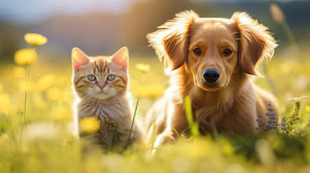 Sunny Spring Stroll: Join this cheerful striped cat and happy dog as they explore a sunlit meadow, capturing the essence of friendship and springtime joyの素材