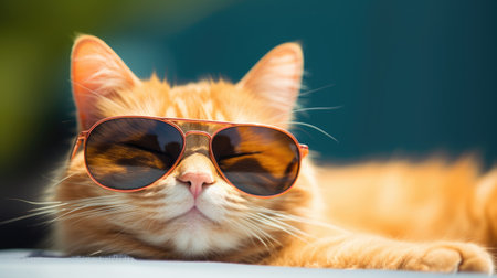 This hilarious ginger cat sports stylish sunglasses, adding a touch of humor to any project. Copyspace included.の素材