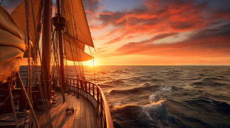 New Beginnings at Sea: Explore the beauty and promise of a new day with sunrise scenes on a tall sailing shipの素材