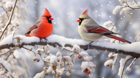 Witness the beauty of feathered friends against snow-covered branches in different locationsの素材
