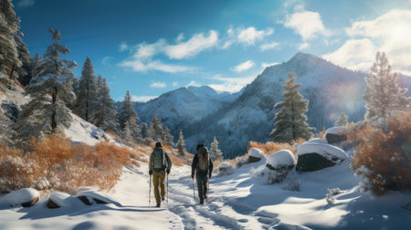 Snowy Exploration: Adventurers trek on snowy trails, embracing the beauty of a winter wonderland.の素材