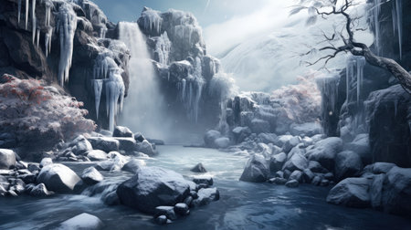 Arctic Artistry: Discover the majesty of nature's frozen art with crystal waterfalls and snow-covered scenery.の素材