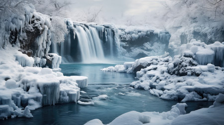 Arctic Artistry: Discover the majesty of nature's frozen art with crystal waterfalls and snow-covered scenery.の素材