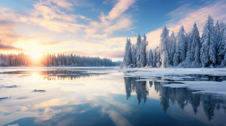 Frozen Lake Serenity: Picturesque views of winter's charm as mirrored by crystal clear, snow-blanketed lakes."の素材