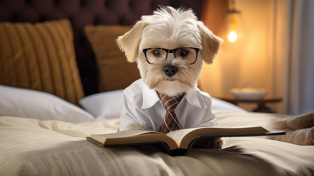 Canine Scholar: Smart Dog in Glasses Prepares for an Exam, Reading on a Bed.の素材