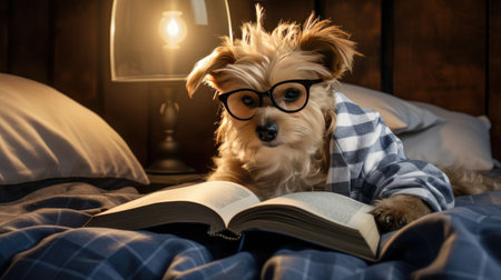 Academic Canine Excellence: Intelligent Dog with Spectacles, Studying and Preparing for an Exam on a Comfortable Bedの素材