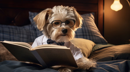 Academic Canine Excellence: Intelligent Dog with Spectacles, Studying and Preparing for an Exam on a Comfortable Bedの素材