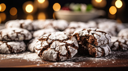 Shallow Focus on Delicious Homemade Chocolate Crinkles Cookies: Perfect for Culinary Art and Confectionery Marketingの素材