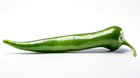 Spicy Isolation: A vibrant green chili pepper stands alone, isolated on a crisp white background. The epitome of heat and flavor, a key ingredient in culinary delights.の素材