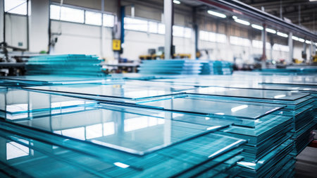 Tempered Glass Excellence: Factory manufacturing at its finest, crafting sheets of clear float glass cut to size. An industrial masterpiece for construction projects on a clean white canvasの素材