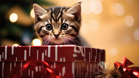 Festive Feline Fun: A cute tabby kitten delights in playing with Christmas decorations inside a gift boxの素材