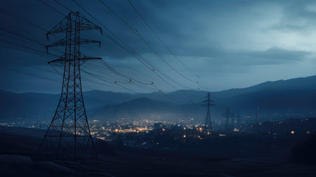 Powerful Connection: An isolated power pole and power lines, a symbol of electricity, energy, and technological infrastructure.の素材