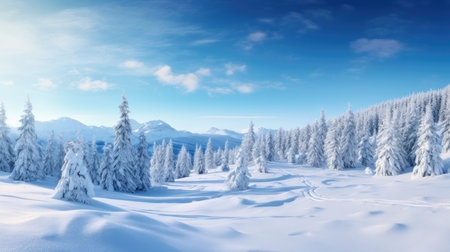 Incredible winter landscape with snowcapped TREES trees in frosty morning. Amazing nature scenery in winter mountain valley. Awesome natural background. Soft light effectの素材