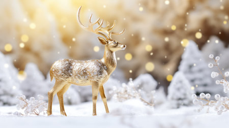 3D Christmas Deer Statue in Snowdrift: Create captivating holiday scenes with a 3D deer figurine in a snowy landscape.の素材