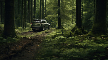 Off-Roading Through the Wilderness: An adventurous vehicle navigates a rugged forest path, offering a thrilling outdoor exploration experience.の素材
