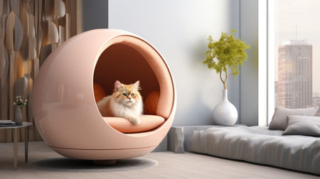 Modern Pet Comfort: A cute cat relaxes in a stylish pet booth, blending seamlessly with the contemporary interior of a modern domestic roomの素材