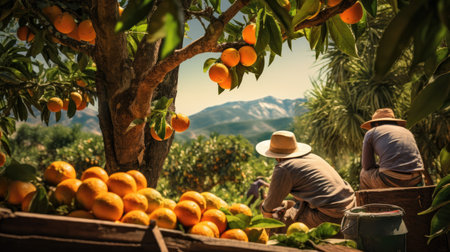 Lush Orange Groves: A stunning view of thriving orange trees in vast plantations, showing the vibrant beauty of citrus farmingの素材