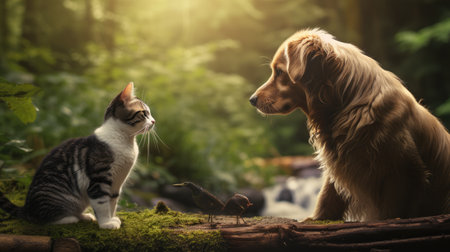Unexpected Meeting: A cat and a dog have an unexpected encounter in the great outdoors, showcasing the curiosity and surprise in the animal worldの素材