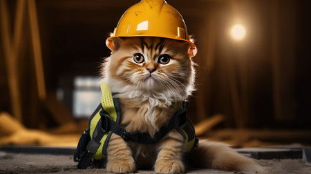 Adorable cat construction worker ready to tackle building projects, donning a hard hat and clutching essential tools.の素材