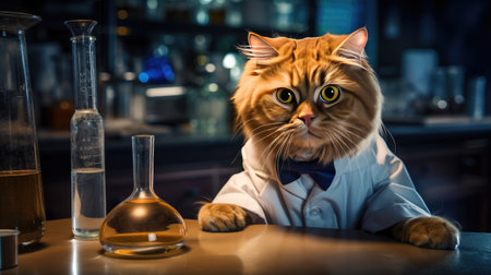 Inquisitive cat scientist exploring the world of research with a lab coat and test tubes, making groundbreaking scientific discoveriesの素材